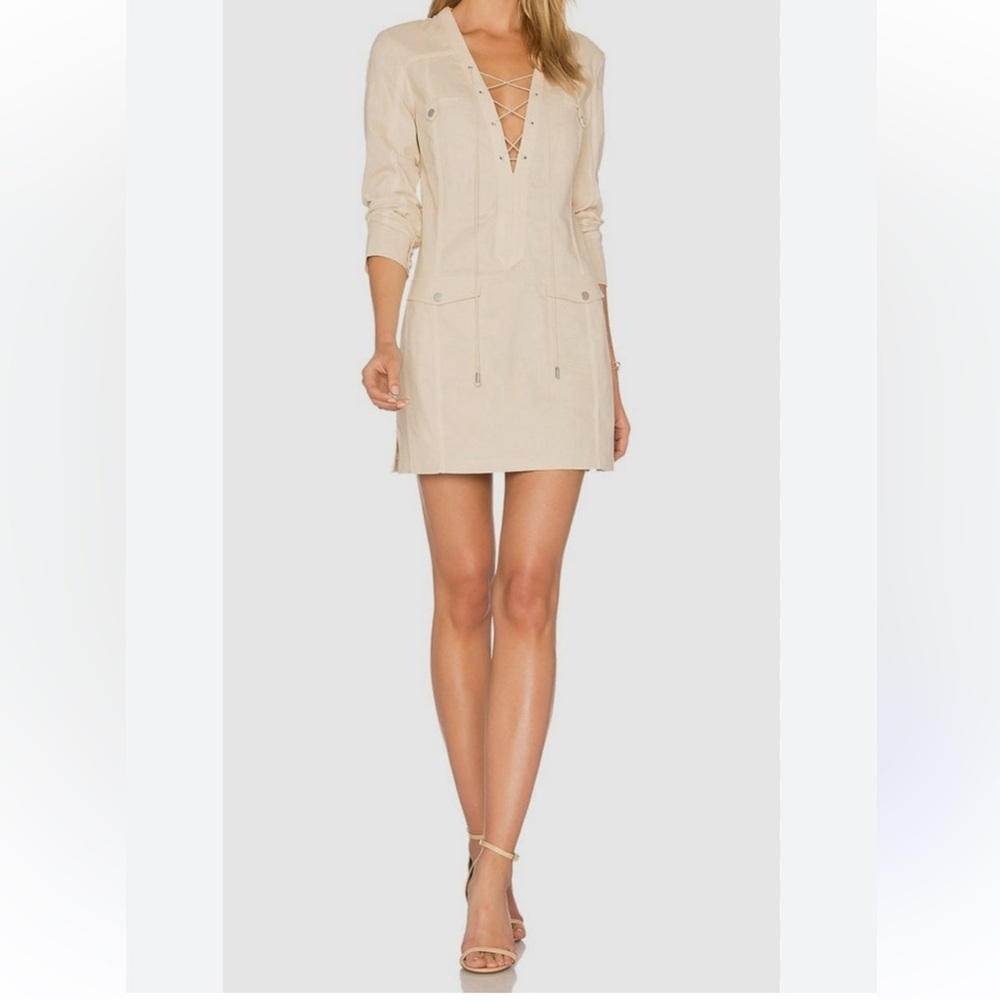 The Jetset Diaries Kupala Mini Linen Dress Beige Utility Summer V-neck Boho M
